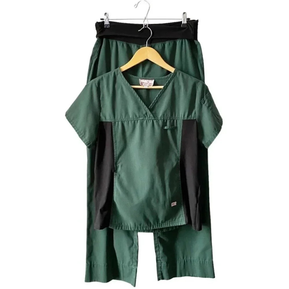 Professional Choice Scrubs Body Flex Top Foldover Pants Green Black Small